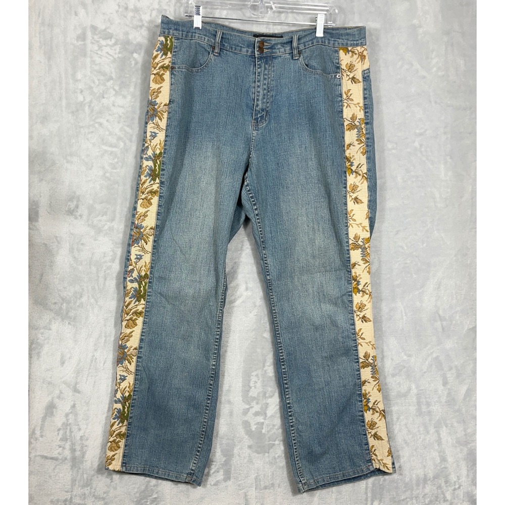 Venezia Womens Jeans 20 Blue Floral Tapestry Side Stripe Straight Leg Y2K Boho